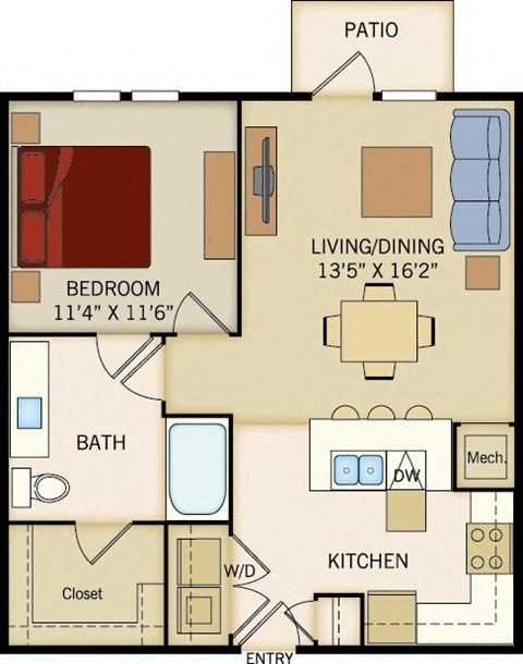 1 BD 1 Bath floorplan 728 sqft
